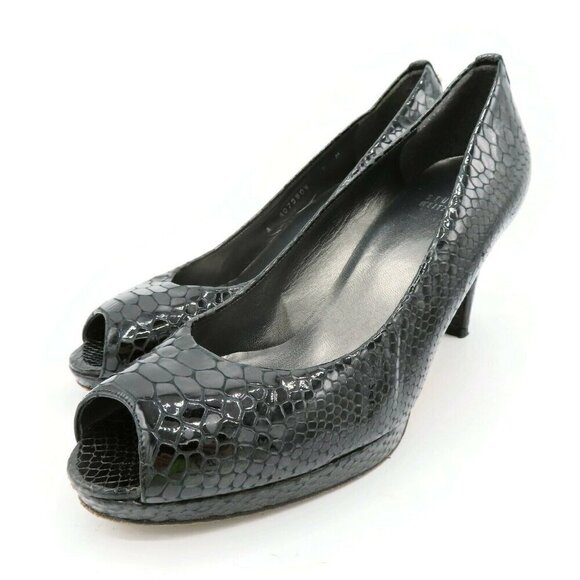 Stuart Weitzman Women 8 M Black Patent Snakeskin Leather 4079808 Peep Toe Heels - Picture 11 of 11